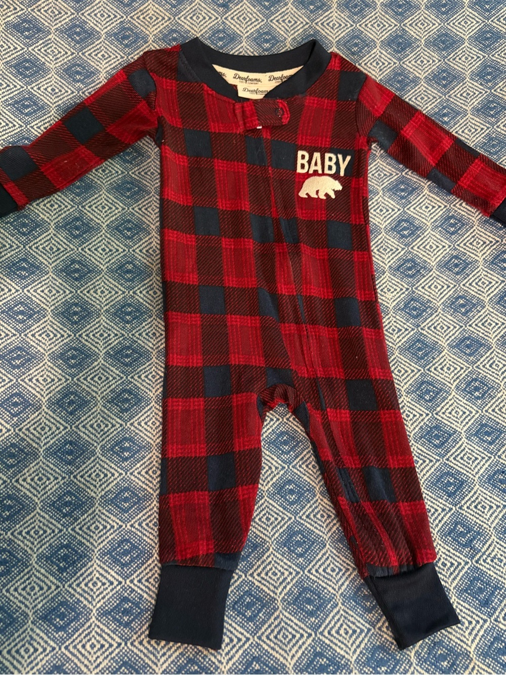 dearfoams Red & Navy Plaid Baby Footie with Bear Applique